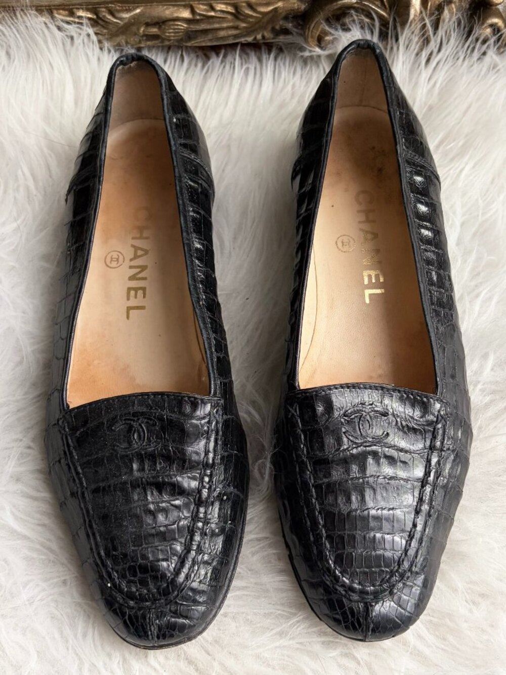 Vintage Chanel Black Croc Leather Loafers Size 6